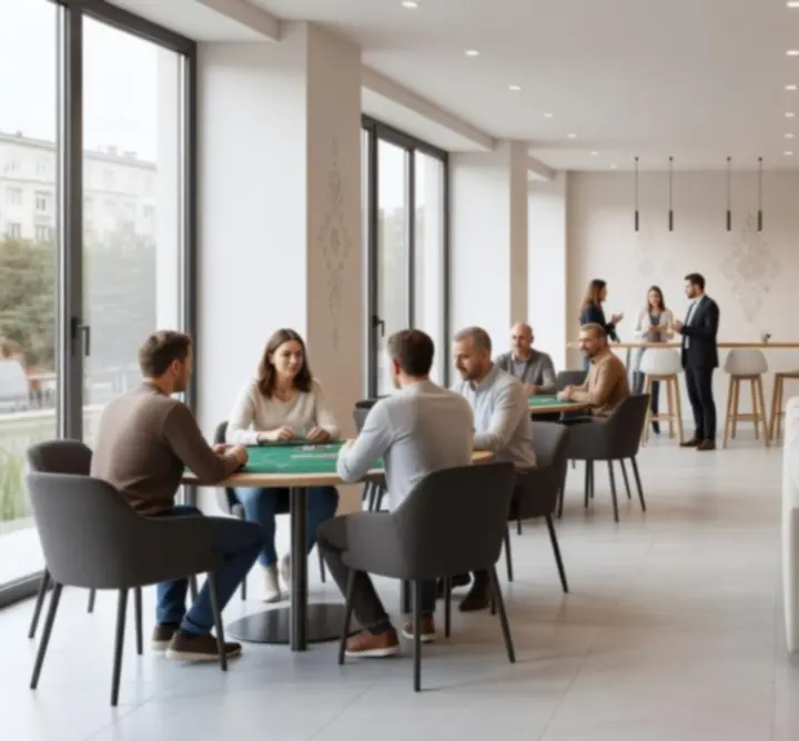 Spațiu modern de evenimente Balkan Evero, cu mese de joc și zone de socializare