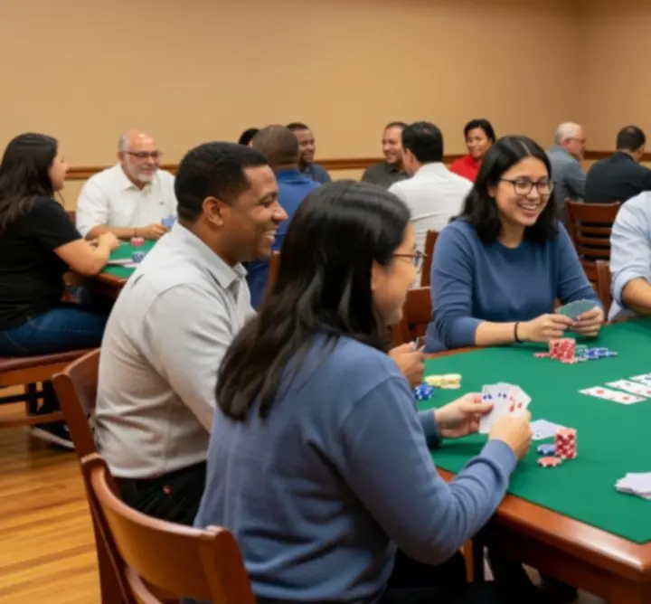 Grup de persoane la o seară de poker organizată, discutând relaxat între runde