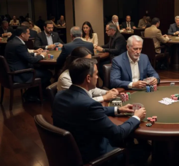 Masă de poker social Balkan Evero, cu jucători concentrați într-un cadru elegant