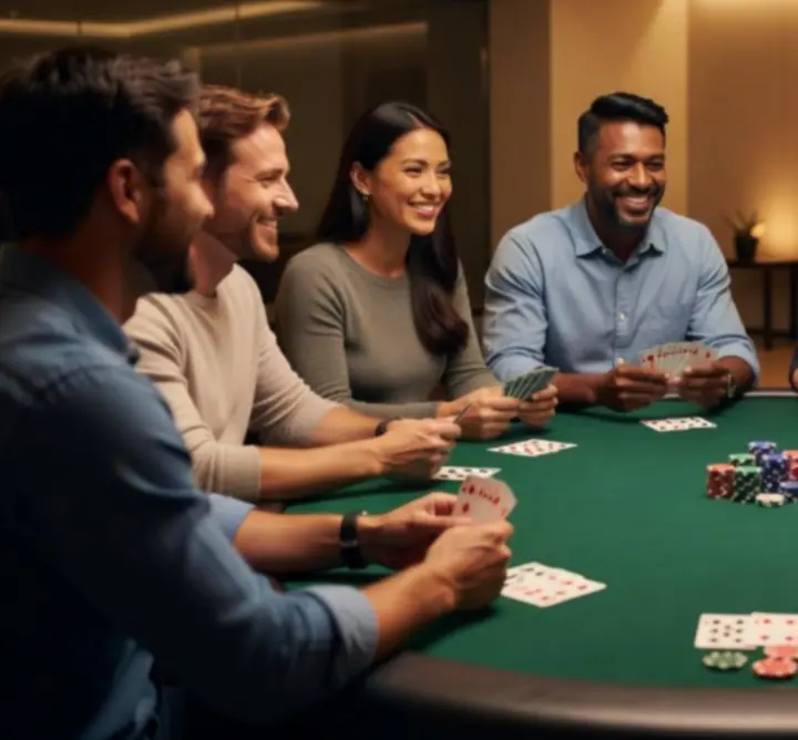 Masă de poker live cu jucători concentrați într-un cadru relaxat