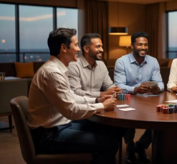 Grup de participanți jucând poker într-un cadru social la Balkan Evero